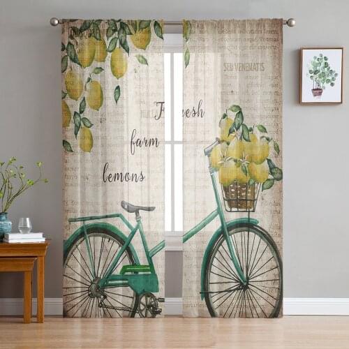 Lemon Bicycle Retro Old Newspaper Tulle Curtains for Living Room Bedroom Decoration Chiffon Sheer Voile Kitchen Window Curtain