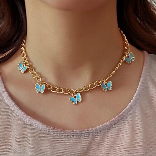MiFaViPa Punk Gold Color Chain 5 Butterfly Pendant Necklace for Women Wedding Party Female Statement Butterfly Choker Necklaces