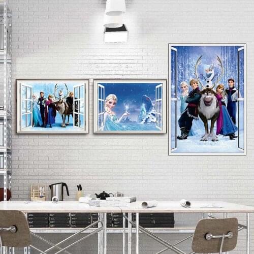 Cartoon Hans Anna Elsa Disney Window Frozen Canvas Printings Anime Prints Movie Wall poster Mural Art Kids Room Home Decoration