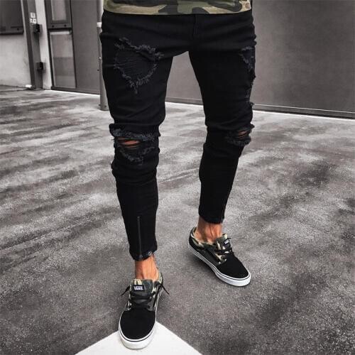 Fashion Men Pants Cool Designer Brand Black Jeans Skinny Ripped Destroyed Stretch Slim Fit Hop Hop Pants With Holes For Men