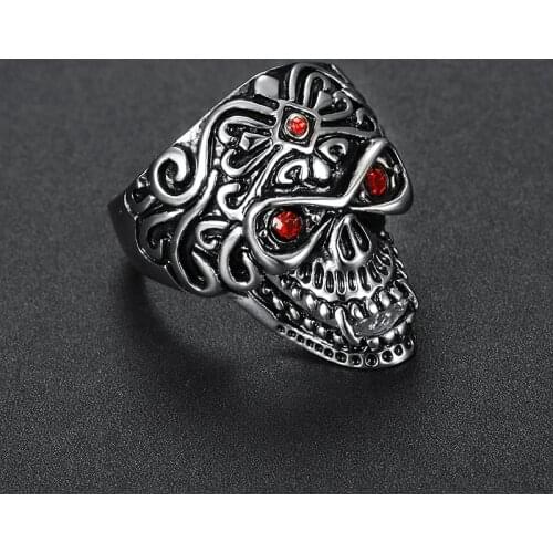 Megin D Hot Sale Vintage Skull with Red Diamond Eyes Stainless Steel Rings for Men Women Couple Friend Fashion Gift Jewelry