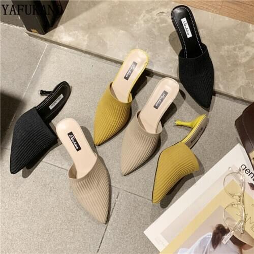 Fashion Knit Breathable High Heels Mules Slippers Women Summer Shoes Women Pointed Toe Thin Heels Fashion Party Ladies Shoes