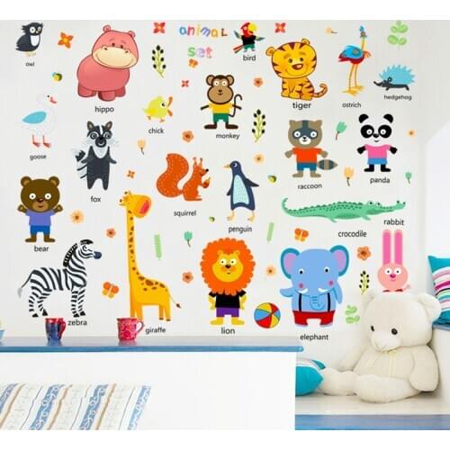 Cartoon Animal Wall Stickers Kids Room Baby Bedroom Decoration Zoo English Letters Kindergarten Early Education Learning Sticker