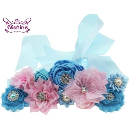 Nishine Shining Rhinestone Lotus Women Sash Hand Sewn Beads Flower Maternity Belt Clothing Accessories Adjustable Blue Waistband