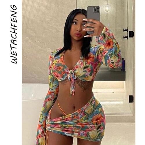 Sexy Mesh Floral Printed 2 Piece Sets Summer Long Sleeve V Neck Top And Skirts Two Piece Suit Party Club Outfits Women Clothes