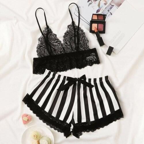 Sleepwear Pants Set Lace Lingerie V Neck Sleeveless Sling Striped Shorts Sexy Pajamas for Women 2021 Fashion Casual Pijama Mujer