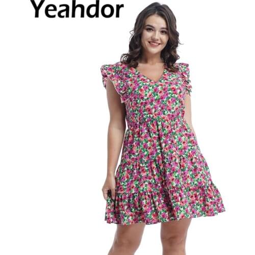 Women Fashion Casual Dresses Floral Print V Neck Short Flying Sleeve Pleated Ruffle Hem A-line Short Dress Female Streetwear