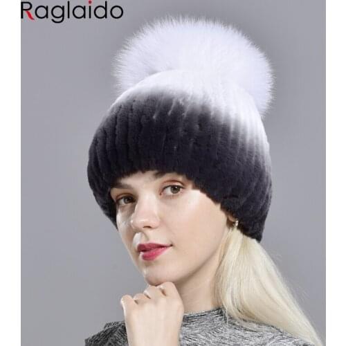 Rabbit Fur Hats for Women Winter Real Fur Fox Pompom Hats Female Thick Warm Hat
