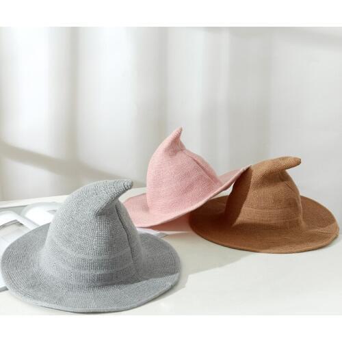 Halloween Witch Hat Women Wool Knit Hat Fashion Solid Bucket Cap Festival Party Hat Fisherman Hat Basin Hat Summer Suncreen Caps