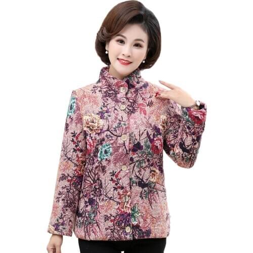 Middle-aged and Elderly Womens Cotton Coat Winter Jackets Short Plus Velvet Keep Warm Printed Jacket Outwear Plus Size 5XL K114