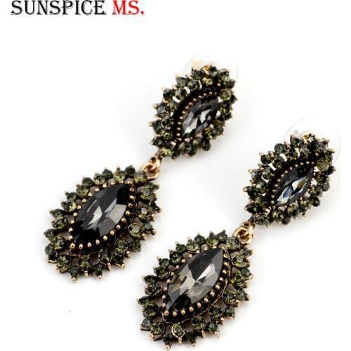 Sunspicems Vintage Gray Crystal Long Drop Dangle Earring for Women Rhinestone Turkish Brand Design Ethnic Banquet Jewelry Gift