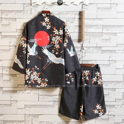 Japanese Kimono Yukata Robes Short Chinese Style Summer Casual Coat Tang Suit Men Hanfu Cardigan Pants Two-piece Clothing Set