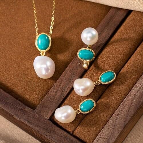 S925 Sterling Silver Baroque Pearl Turquoise Gold-plated Jewelry Sets Stud Earring Pendant Ring Simple Trendy Fine Jewelry Women