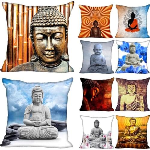 Custom Decorative Pillowcase Buddha Statue Square Zippered Pillow Cover Satin Soft Fabric 35X35,40x40,45x45cm(One Side)