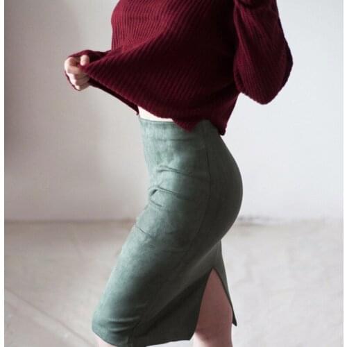 Suede Skirt Solid Color Split Leather Velvet Skirt High Waist Bag Hip Slim Skirt High Waist Tight-fitting Over-the-knee Skirt