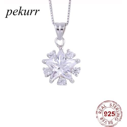 Pekurr 925 Sterling Silver Crystal Snowflake Star Necklaces For Women Zircon Beads Pendants Chain Party Fashion Jewelry