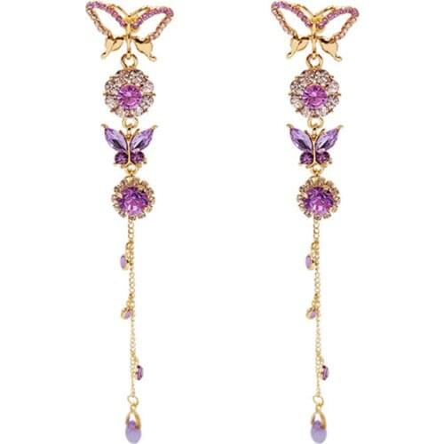 2021 Korean Fashion Piercing Trend Jewelry Gold Plated Long Tassel Cute Crystal Butterfly Earrings For Women Girls Party Wedding