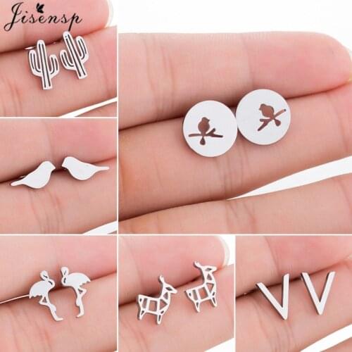Unique Small Birds Earrings Women Fashion Jewelry Stainless Steel Flamingo Deer Cactus Stud Earring Children boucle d'oreille