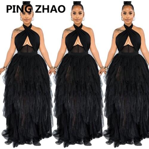 PING ZHAO Women Solid Halter Neck Open Back Mesh Floor Length Maxi Dress Sexy Club Party Long Dresses 2021