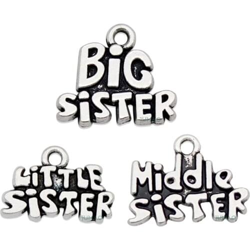 6Pcs Big Little Middle Sister Charms Antique Silver Color Tone Pendant Findings DIY Handmade Accessories Jewelry Making Supplies