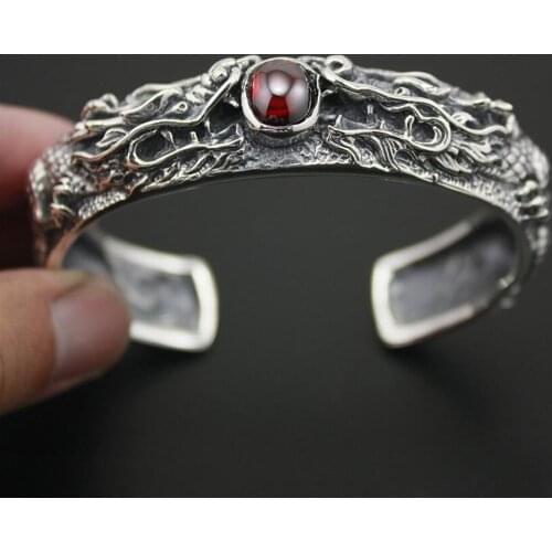 Red CZ Stone 925 Sterling Silver Dragon Bangle Mens Biker Rock Punk Bangle 9A001 Fit 6.3 ~ 7.8 inches Wrist
