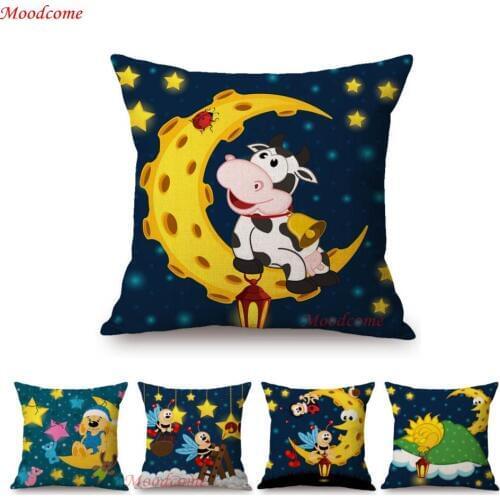 Good Night Sweet Dreams Baby Nursery Art Lovely Cute Cow Bear Bunny Moon Picking Stars Cartoon Pillow Case Kids Cushion Cover