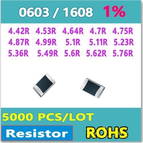 JASNPROSMA OHM 0603 F 1% 5000pcs/reel 4.42R 4.53R 4.64R 4R7 4R75 4R87 4R99 5R1 5R11 5R23 5R36 5R49 5R6 5R62 5R76 smd 1608