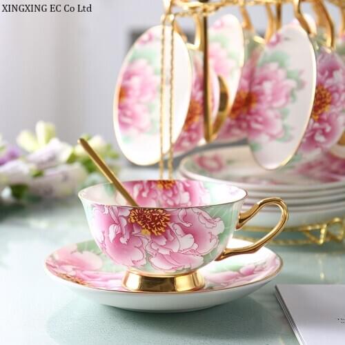 European Bone China Coffee Cup Golden Spoon Metal Shelf Creative Art Luxury Tea Cup Simple Handicraft Cup and Saucer Set