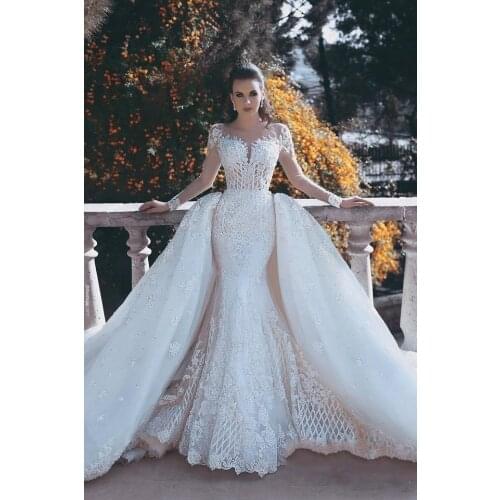 Luxury Lace Mermaid Wedding Dresses With Detachable Train Overskirts Illusion Long Sleeves Bridal Gowns 2021 Appliqued Open Back
