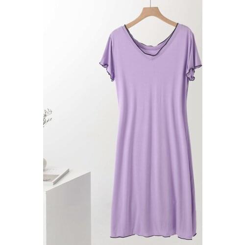 Summer New Modal Nightdress Womens Korean V-neck Short Sleeve Solid Slim Dress Medium Length Nightgowns Homewear Sleepwear