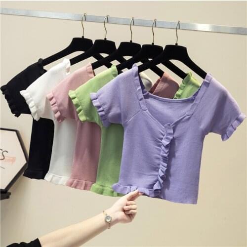 Preppy Style Sweet Cute T Shirt Girls Knitted Crop Top T Shirt Women Elegant T-Shirt Female Sexy Slim Pullover Knitwear