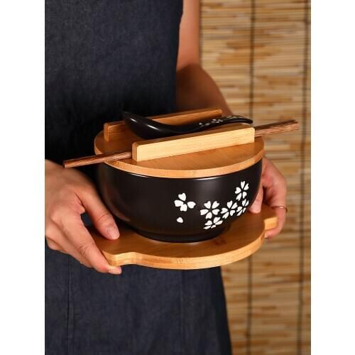 FANCITY Japanese Style Rice Noodle Bowl with Lid Spoon and Chopstick Kitchen Tableware Ceramic Salad Soup Bowl Food Container Di