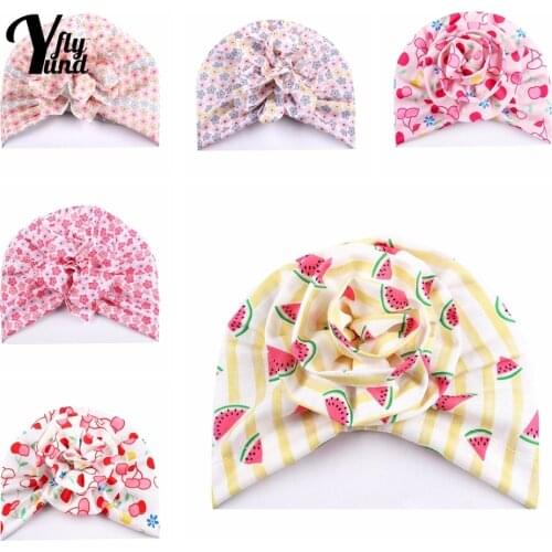 Yundfly Fashion Cartoon Pattern Newborn Cap Cute Fruits Print Baby Girl Turban Hat Handmade Folded Flowers Headwear Holiday Gift