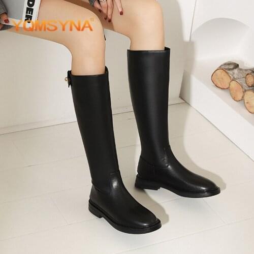 YQMSYNA Fashion Womens Boots Genuine Leather Round Toe Metal Decoration High Boots Convenient Zipper Low-heeled Shoes AS346