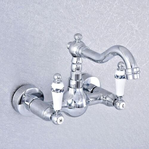 Silver Polished Chrome Brass Wall Mounted Double Ceramic Handles Bathroom Kitchen Sink Faucet Mixer Tap Swivel Spout asf545