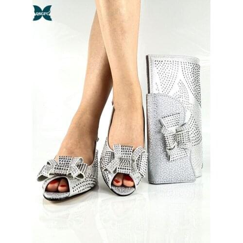 Nigerian New Arrival Italian Design Hot Selling Silver Color Speical Narrow Band and Cross-tied Style Women Shoes and Bag Set