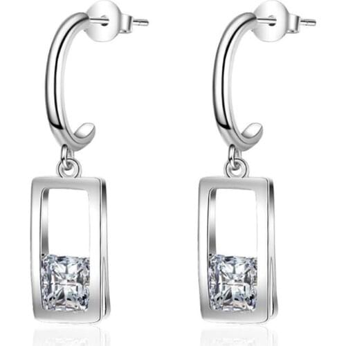 New Rectangular Exquisite Personality Ear Hook 925 Sterling Silver Jewelry Beautiful Clear Spring Geometry Dangle Earrings SE897