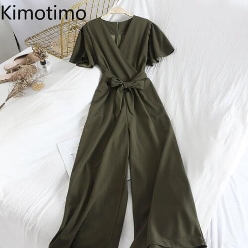 Office Jumpsuit Short Sleeve Overalls Fashion V-neck Casual Romper Bodysuit Wide Legs Loose Sashes Elegant One Piece Outfit