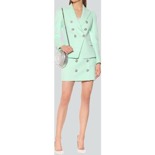 Stunning Design Euorpean American Women Elegant Mint Skirt Suits Slim Blazer Mini Skirt Fashion Quality Two Pieces Sets