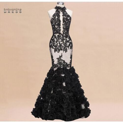 See Through Black Mermaid Long Evening Dress 2020 Halter Sleeves Evening Party Prom Gowns Formal Women Dress Custom Make