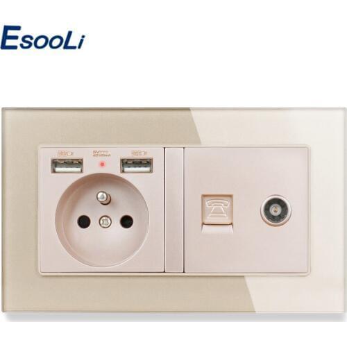 ESOOLI Glass Panel French Standard Socket with 2 USB Charge Port +1 Gang Female TV Connector RJ11 2 Core Telephone Connector