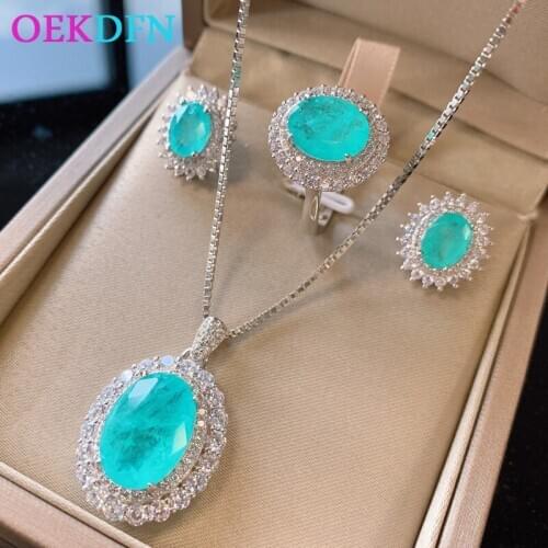 OEKDFN Luxury 925 Sterling Silver Jewelry Set Paraiba Tourmaline Gemstone Pendant/Necklace/Earrings/Rings Anniversary Gift Women