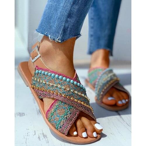 Summer Ethinc Women Sandals Back Strap Buckle String Beads Striped Flat Rubber Sole Retro Luxury Casual Shoes Ladies Female 2021