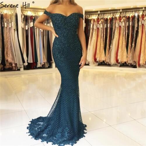 Green Off Shoulder Sexy Tulle Prom Dresses 2020 Handmade Flowers Pearls Sleeveless Prom Gowns Serene Hill BLA60725