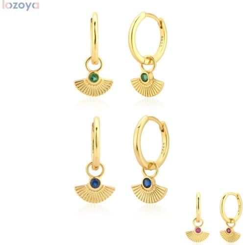 Lozoya 925 Sterling Silver Party Wedding Three Zircon Green Blue Rose Red Scallop Pendant Drop Earring Fashion Jewelry CZ Jewel