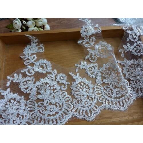 6 Yards Ivory Embroidery Cord Alencon Lace Trim With Floral On Mesh For Woman Dress Bridal Veils