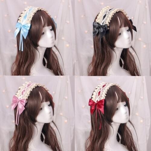 Girls Kawaii Lolita Bow Headband Women Vintage Lace Headdress Sweet Hair Band Cosplay Maid Hair Hoop Headwear Hair Accessories