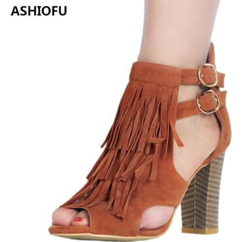 ASHIOFU New Handmade Womens Block Heel Sandals Fringed Buckle Strap Party Prom Summer Shoes Sexy Fashion Daily Wear Shoes