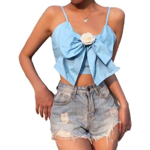 Womens Sexy Crop Cami Tops, Spaghetti Strap Sleeveless 3D Flower Bow Knot Front Camisole