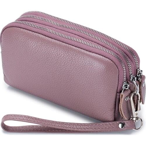 Womens Genuine Leather Wallet Large Capacity Simple Coin Purses Female Solid Color Lychee Pattern Keychain Card Holder Clutch